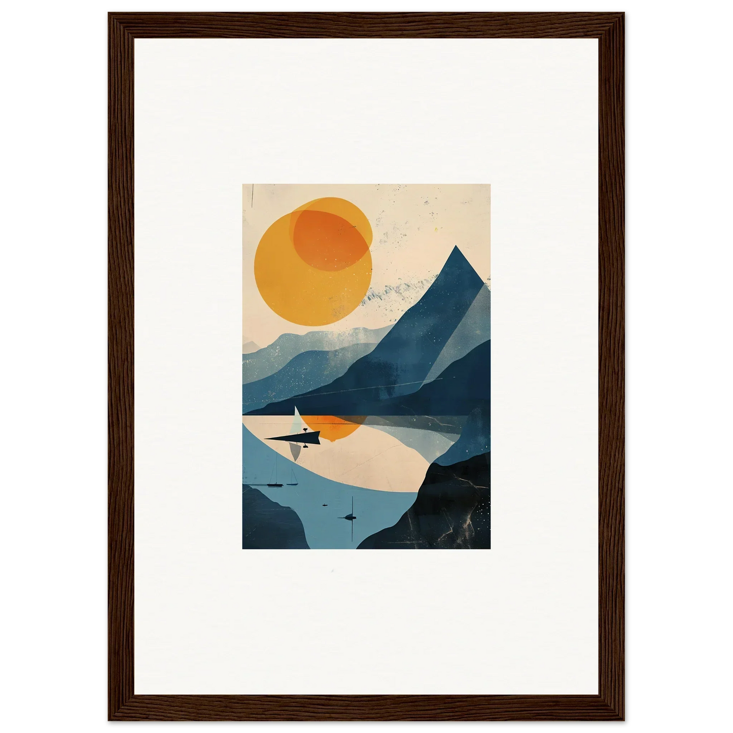 Framed minimalist landscape wall art featuring mountains, a lake, and a sun for room decor