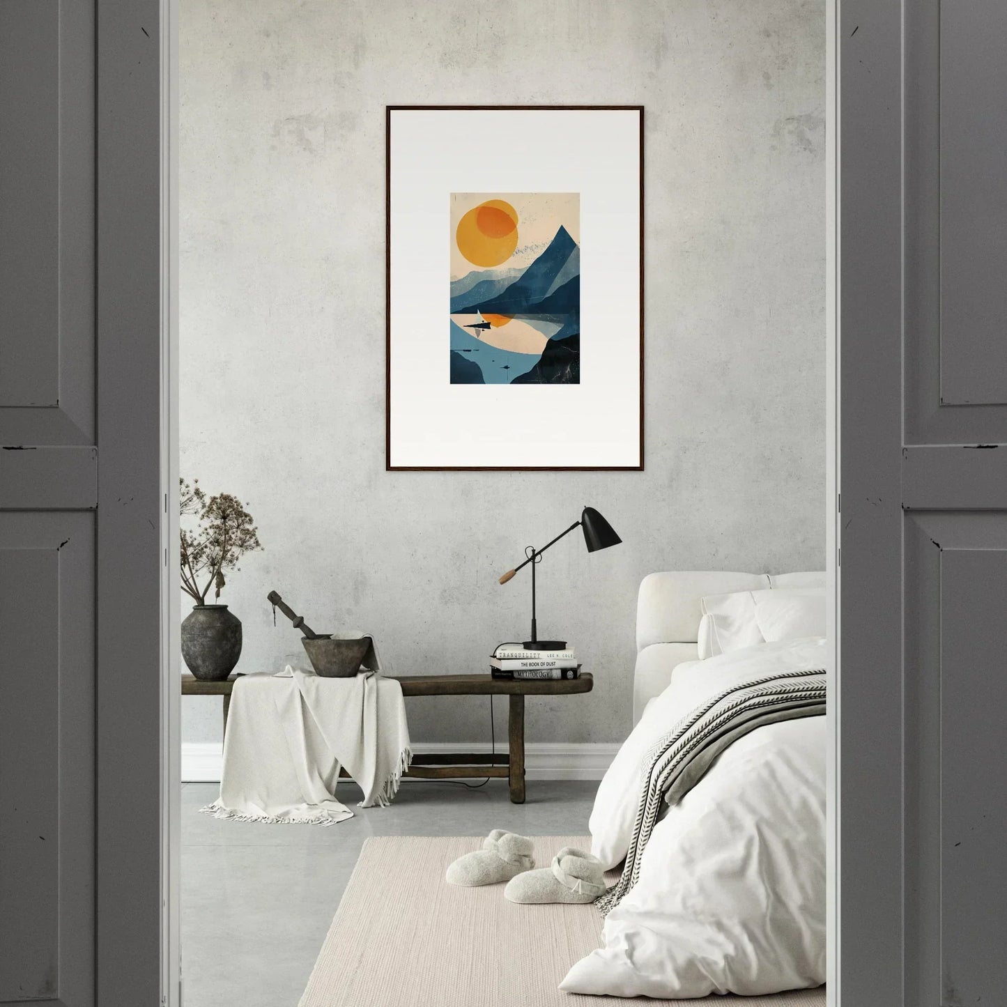 Framed abstract artwork of a sun over mountains and water, perfect for room decor