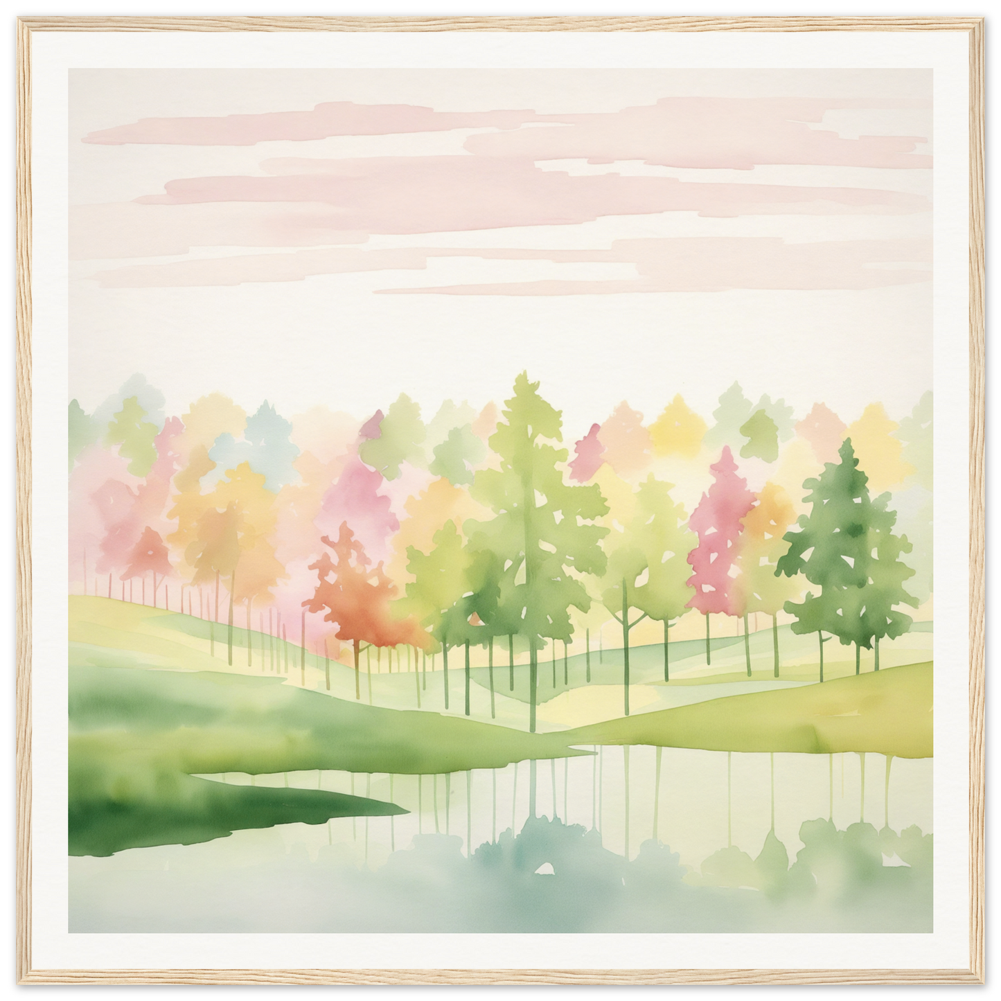 Watercolor painting of autumn trees reflecting in a tranquil pond in Pastel Dreamscape Mirage