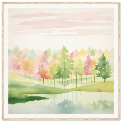 Watercolor painting of autumn trees reflecting in a tranquil pond in Pastel Dreamscape Mirage