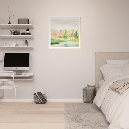 Minimalist bedroom workspace featuring floating shelves and an iMac in Pastel Dreamscape Mirage