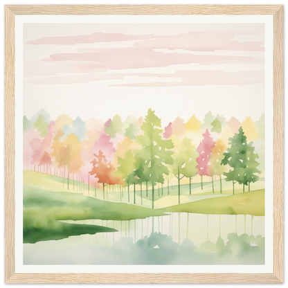 Watercolor painting of autumn trees reflecting in a lake, embodying Pastel Dreamscape Mirage