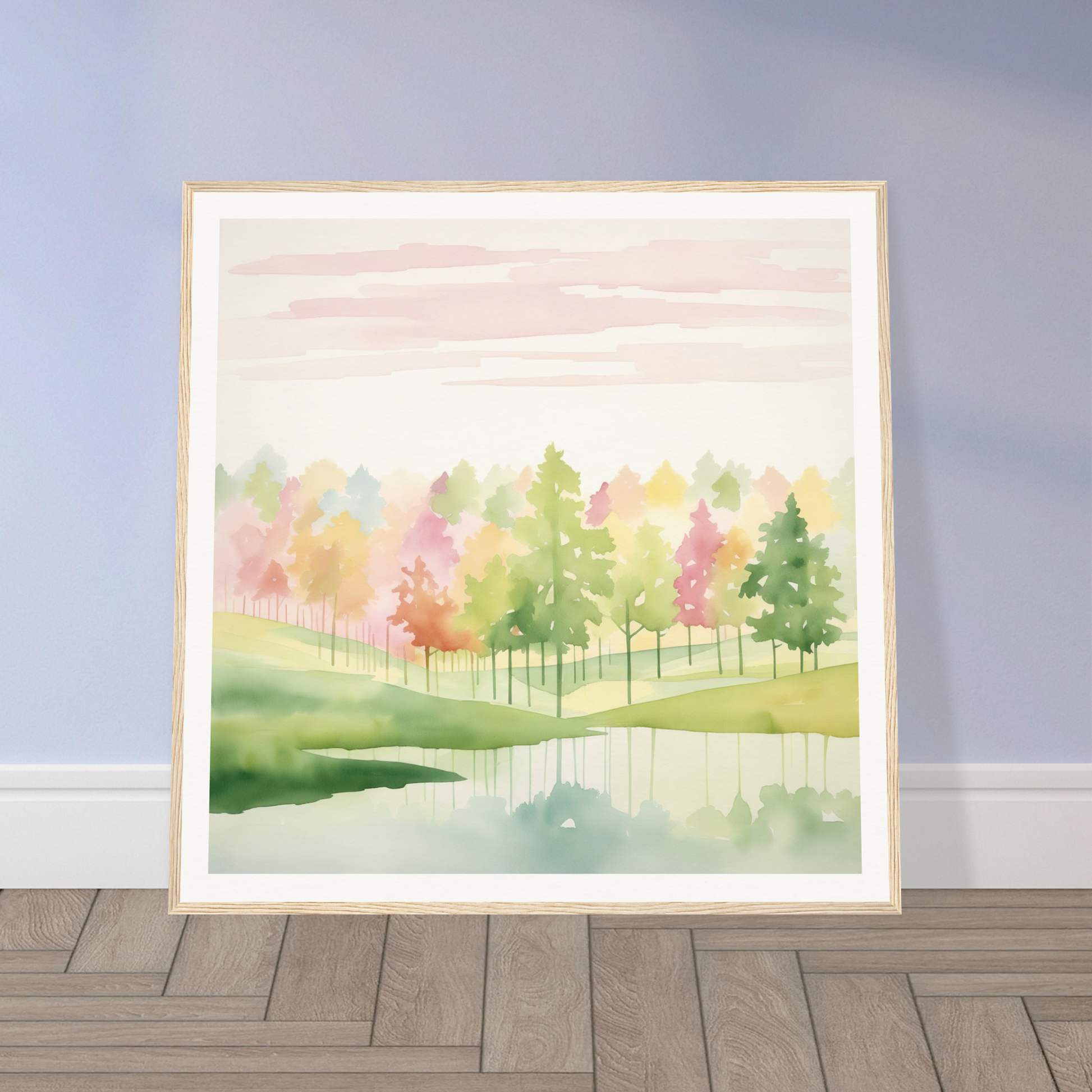 Watercolor painting of autumn trees reflected in a lake from Pastel Dreamscape Mirage