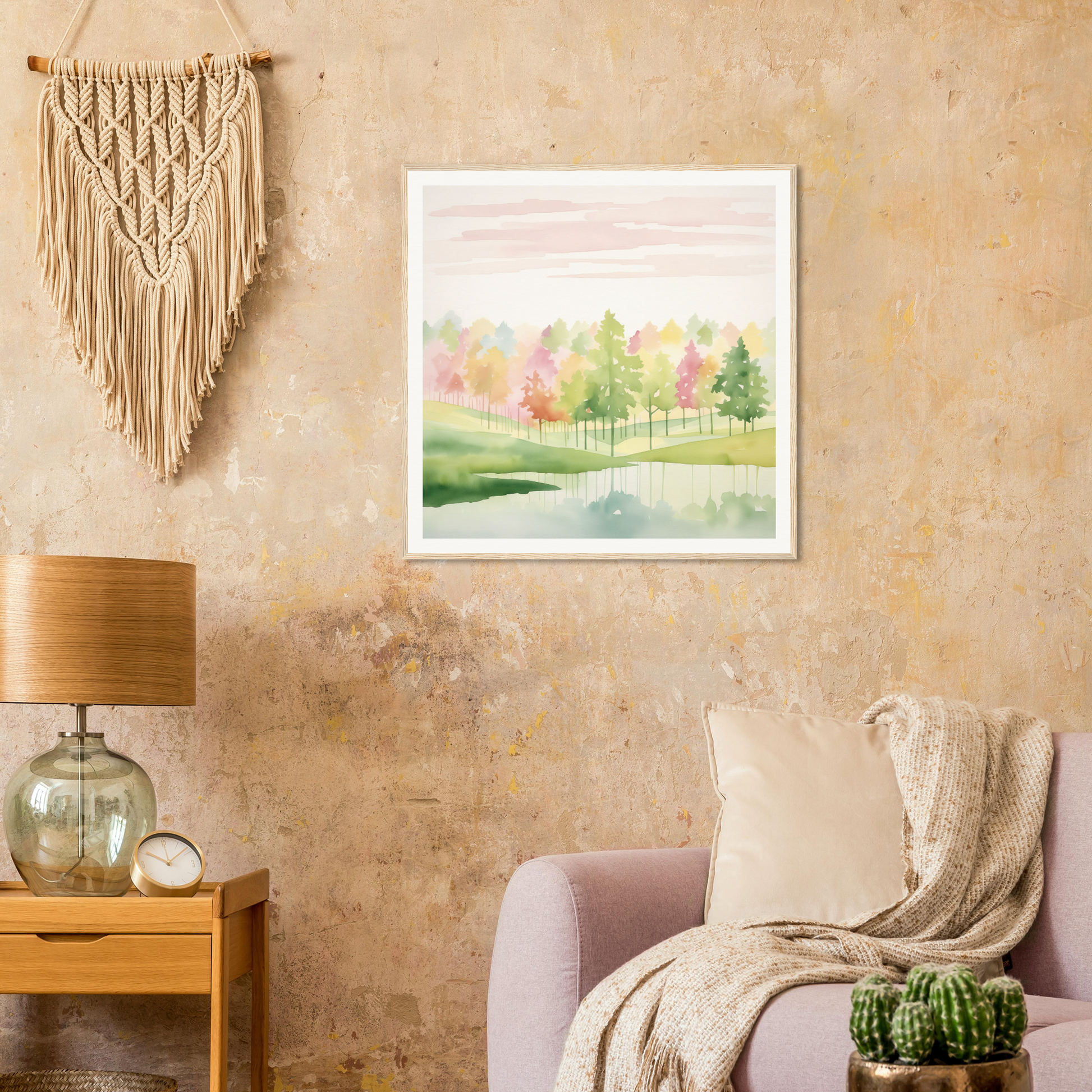 Framed watercolor painting of a pastoral landscape, featured in Pastel Dreamscape Mirage