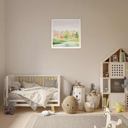 Wooden crib with gray bedding and yellow accents from Pastel Dreamscape Mirage