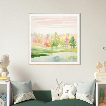 Framed watercolor painting of autumn trees in Pond from Pastel Dreamscape Mirage