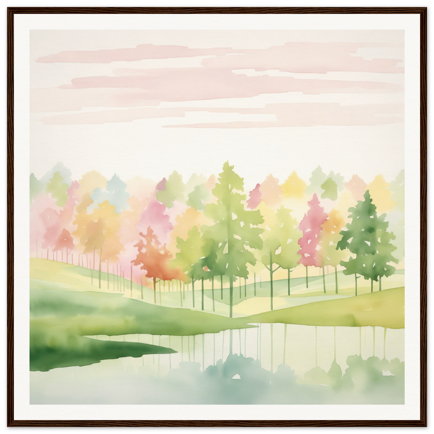 Watercolor painting of autumn trees in a tranquil pond, showcasing Pastel Dreamscape Mirage