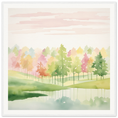 Watercolor painting of autumn trees reflected in a calm pond in Pastel Dreamscape Mirage