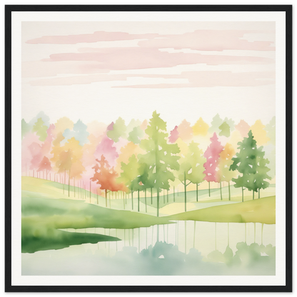 Watercolor painting of autumn trees reflected in a calm lake in Pastel Dreamscape Mirage