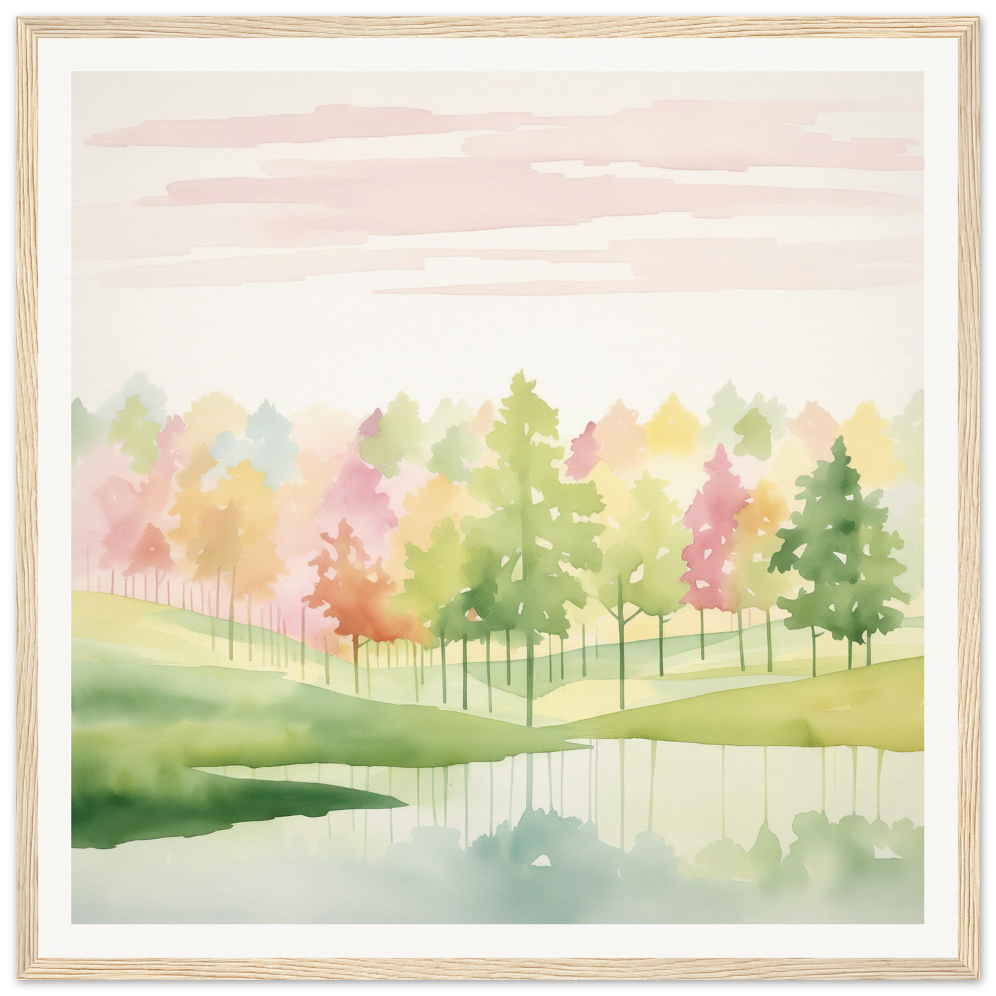 Watercolor painting of autumn trees reflecting in lake from Pastel Dreamscape Mirage