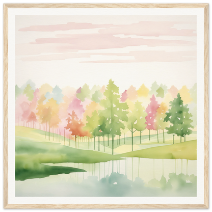 Watercolor painting of autumn trees reflecting in lake from Pastel Dreamscape Mirage