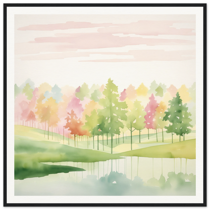 Watercolor painting of autumn trees reflecting in pond from Pastel Dreamscape Mirage