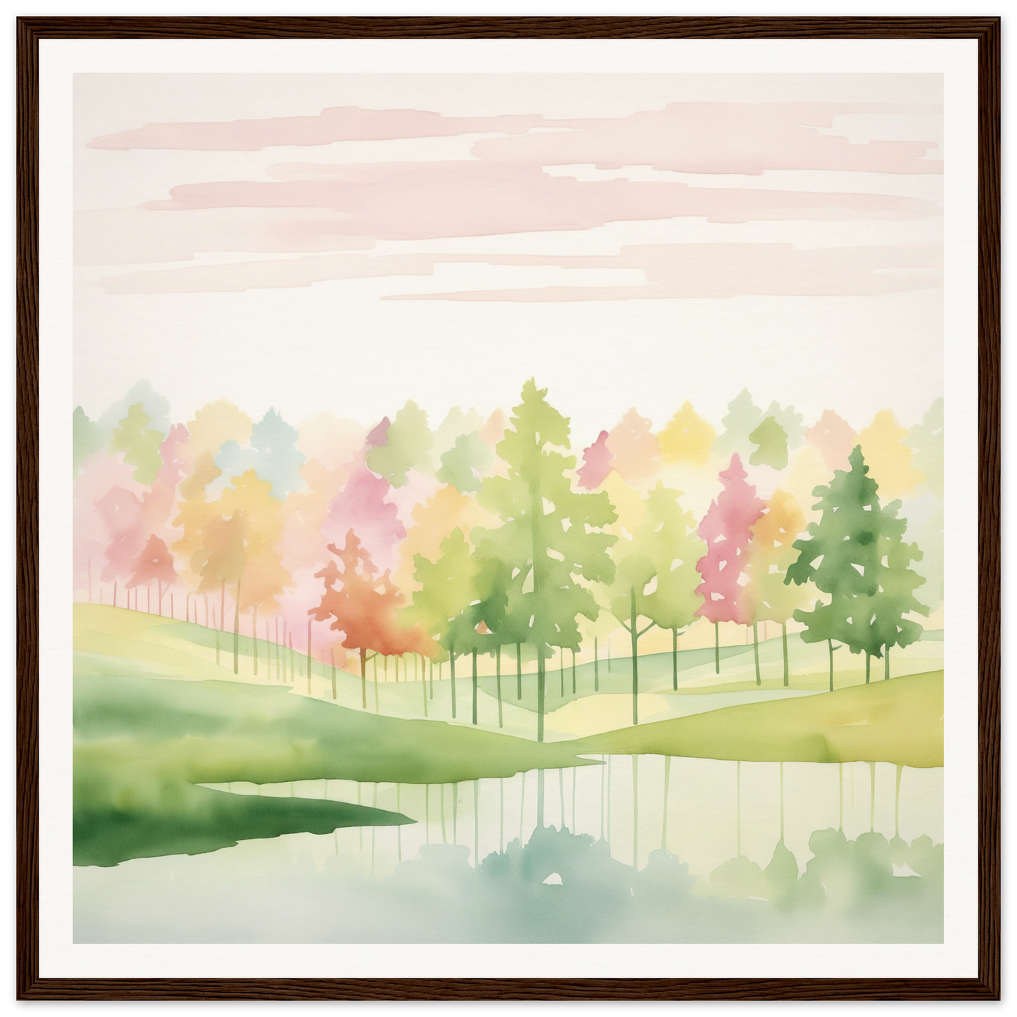 Watercolor painting of autumn trees in a serene pond for Pastel Dreamscape Mirage