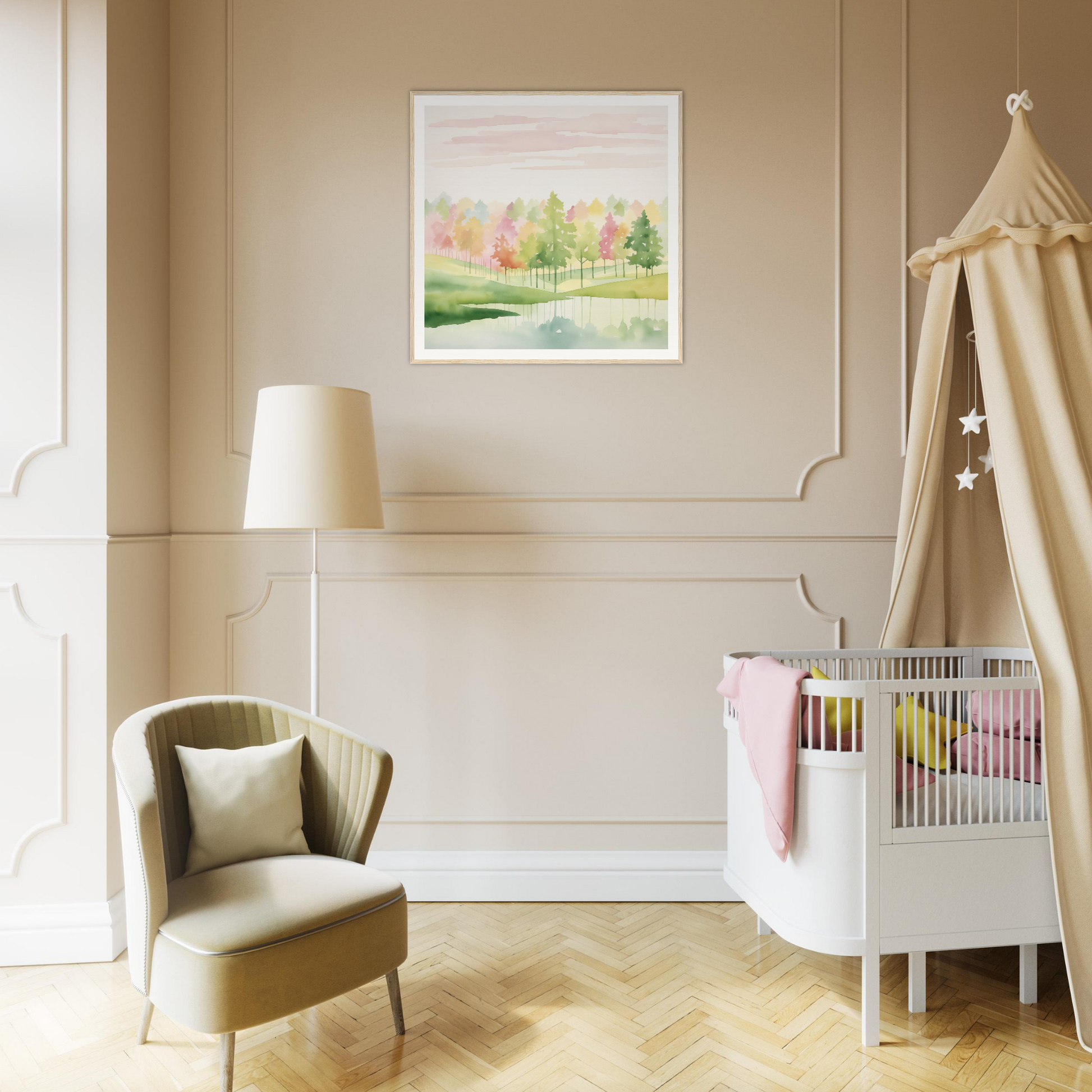 Modern white crib with beige canopy from the Pastel Dreamscape Mirage collection