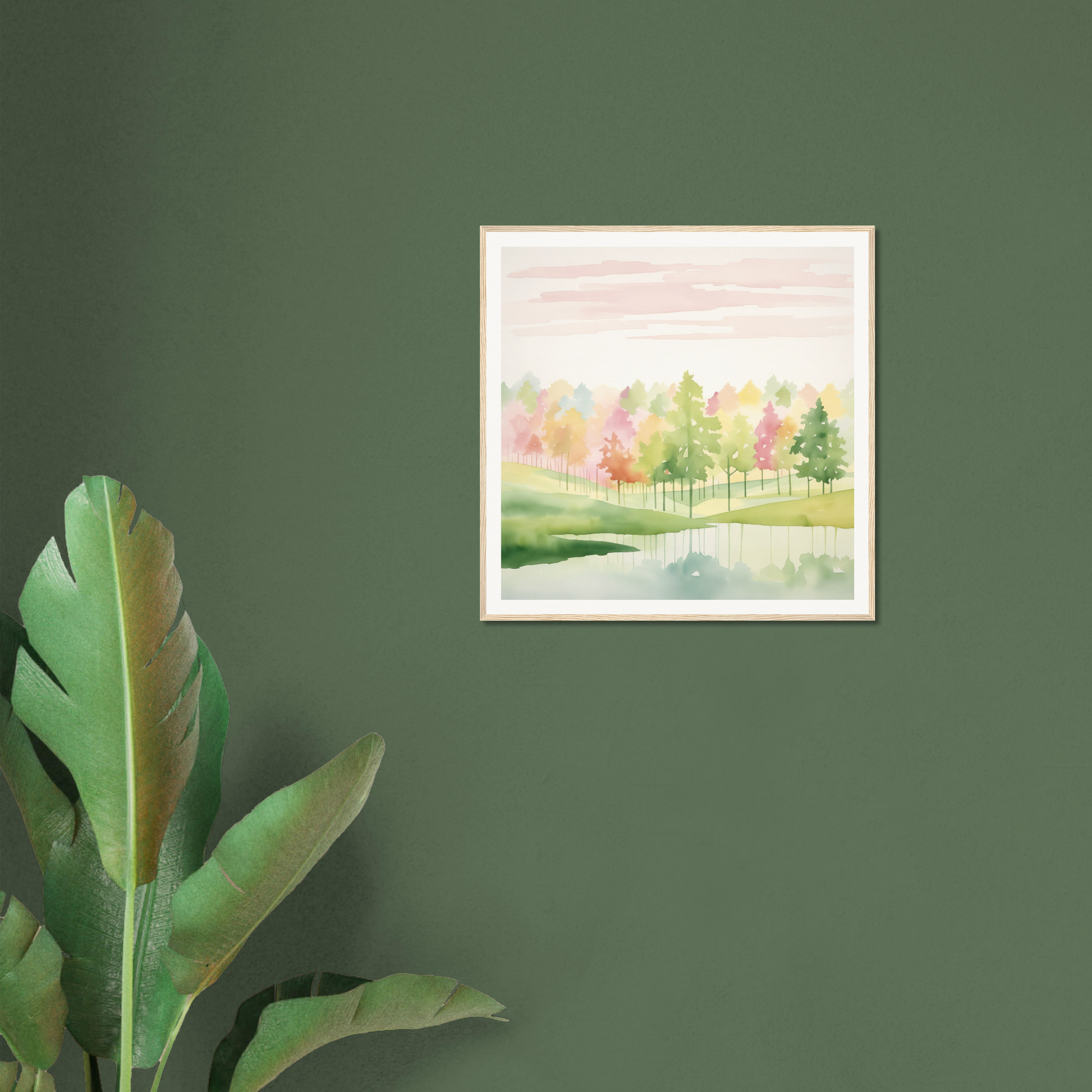 Framed watercolor painting of autumn trees by a pond in Pastel Dreamscape Mirage