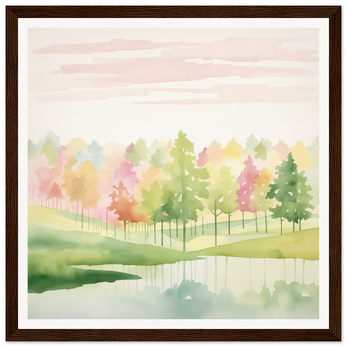 Watercolor painting of autumn trees reflected in a tranquil lake, Pastel Dreamscape Mirage