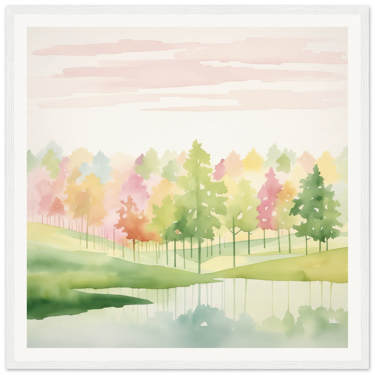 Watercolor painting of autumn trees in a tranquil pond for Pastel Dreamscape Mirage