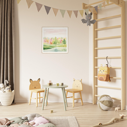 Children’s play area featuring animal-themed chairs and a mint green table in Pastel Dreamscape Mirage