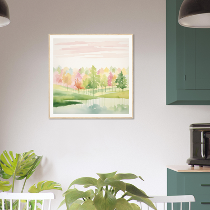 Framed Pastel Dreamscape Mirage watercolor painting of trees and pond in soft hues