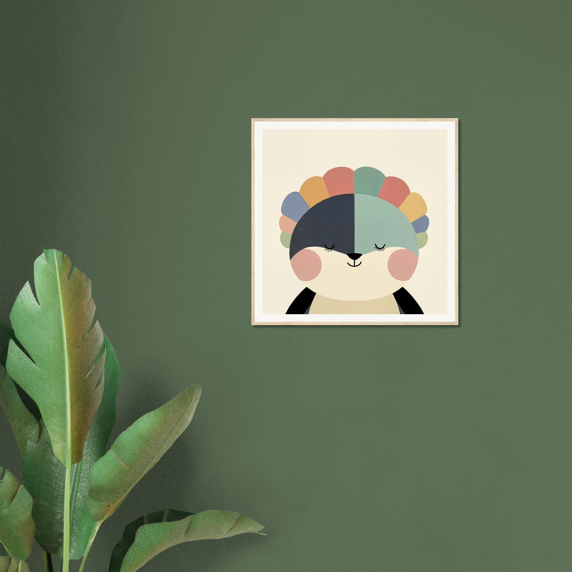 Framed art print of a minimalist sheep with vibrant wool in Pastel Panda Dreams