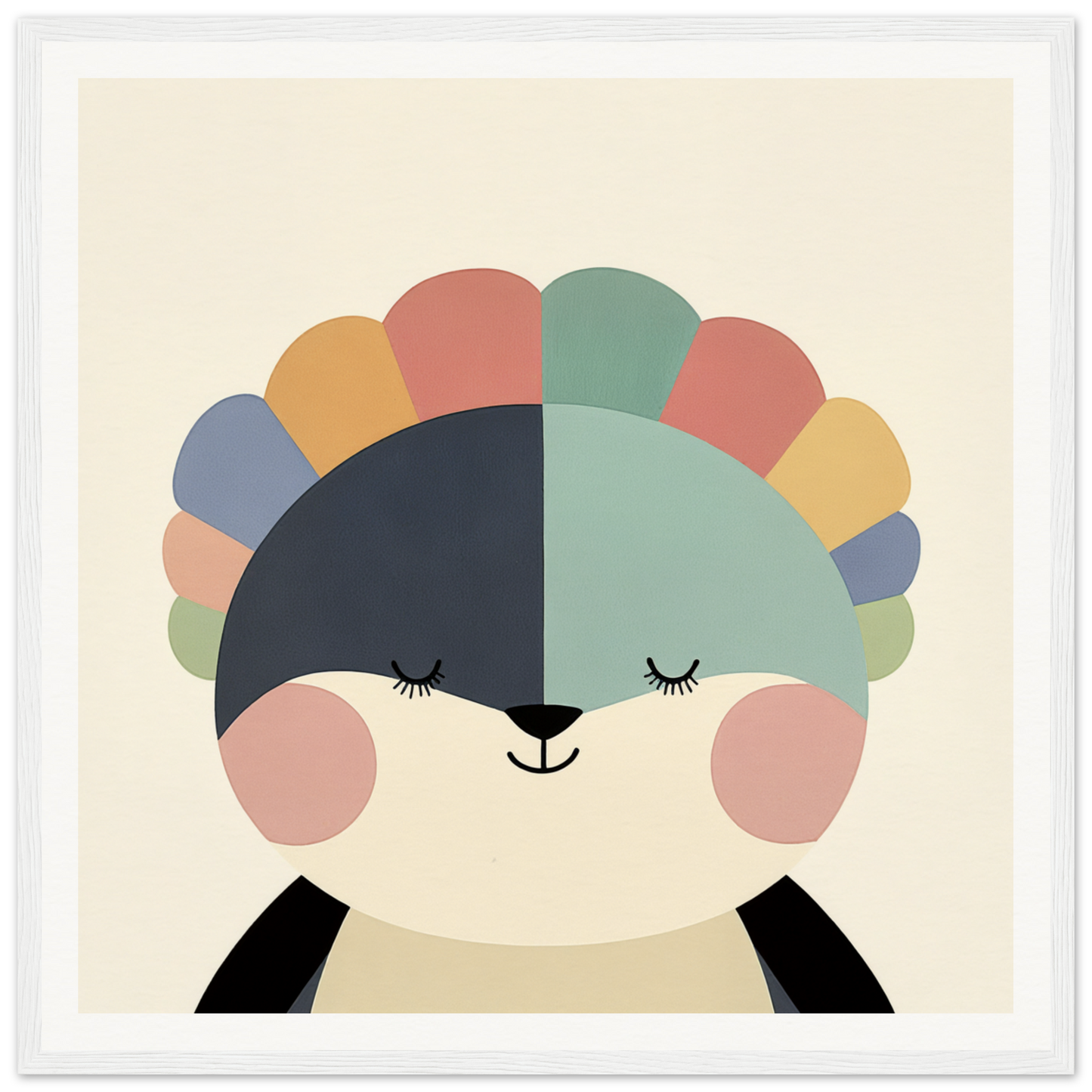 Cute cartoon panda with rainbow-patterned head and closed eyes for Pastel Panda Dreams