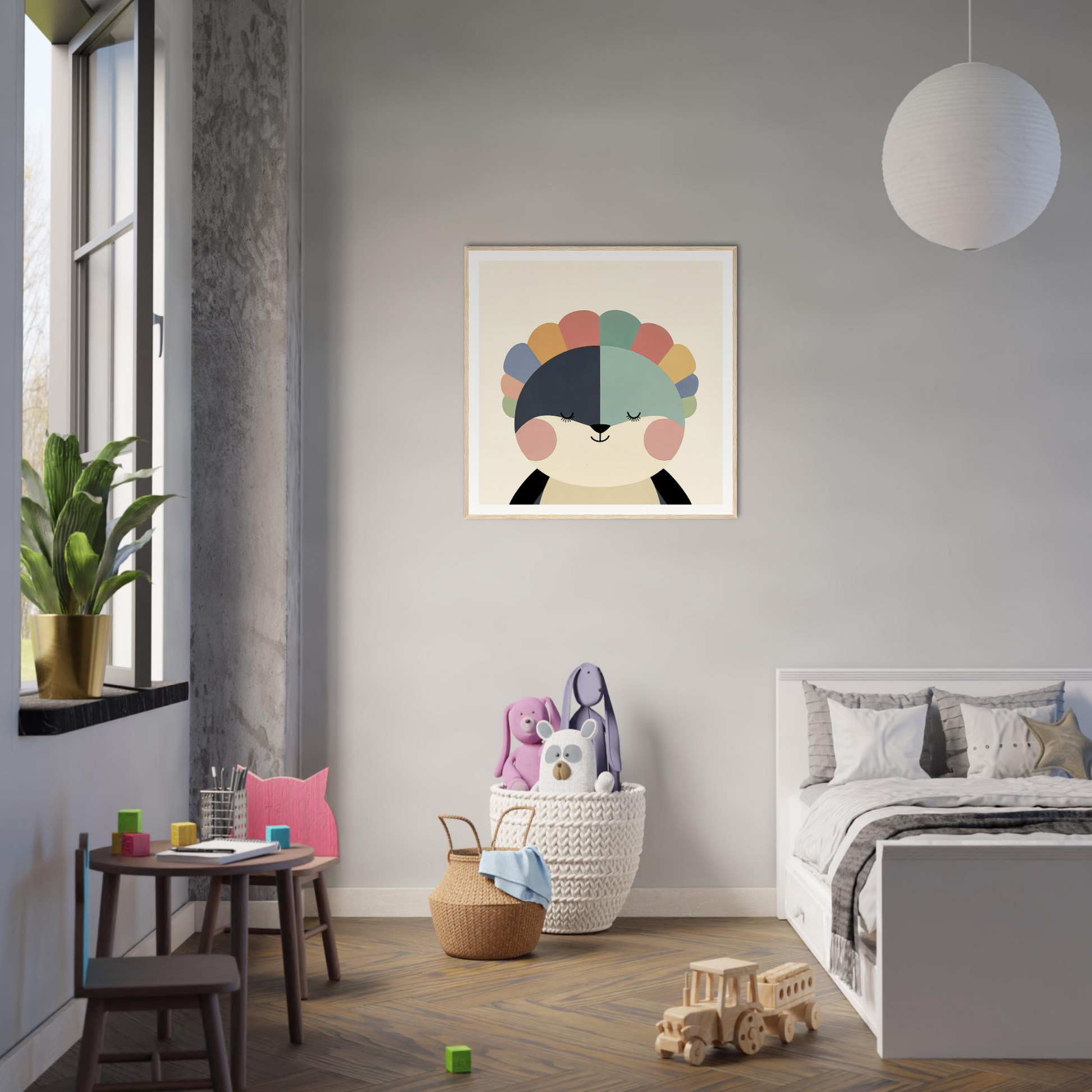 Modern bedroom with minimalist decor and colorful umbrella artwork in Pastel Panda Dreams