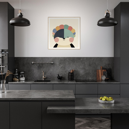 Modern dark gray kitchen featuring black pendant lights and colorful abstract wall art