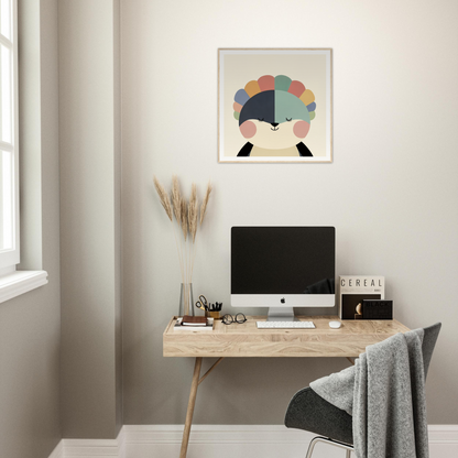 Minimalist wooden desk featuring an iMac and decorative artwork in Pastel Panda Dreams