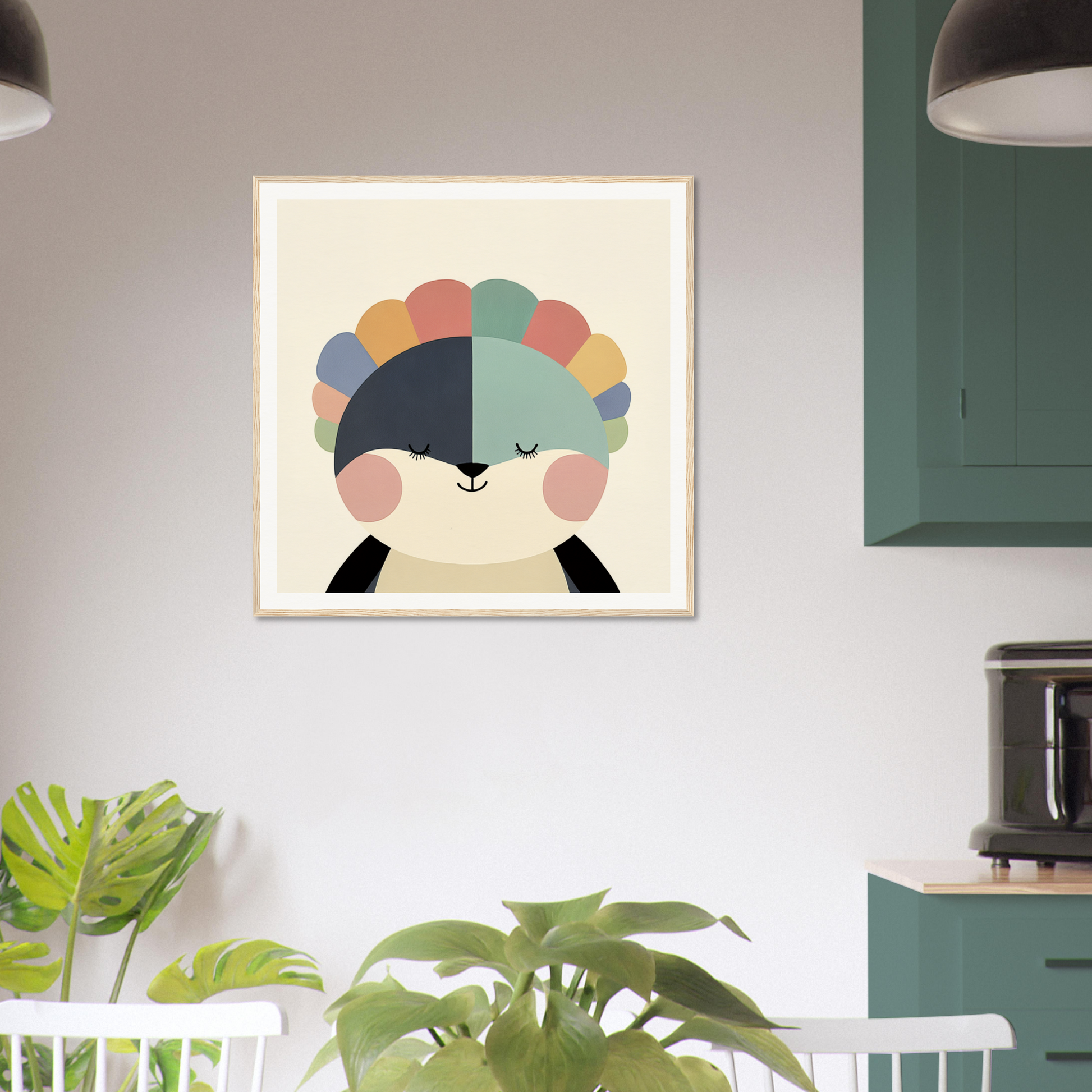 Framed art print of a cute cartoon penguin with colorful semicircular shapes