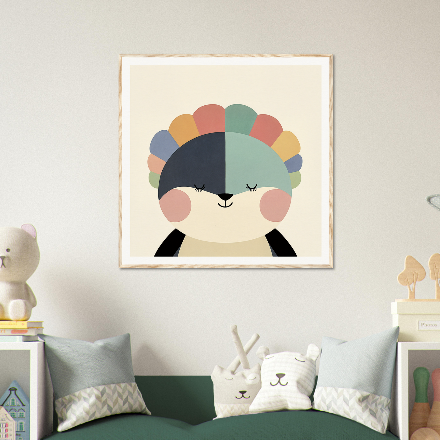 Minimalist art print of a panda adorned with a vibrant rainbow crown in Pastel Panda Dreams