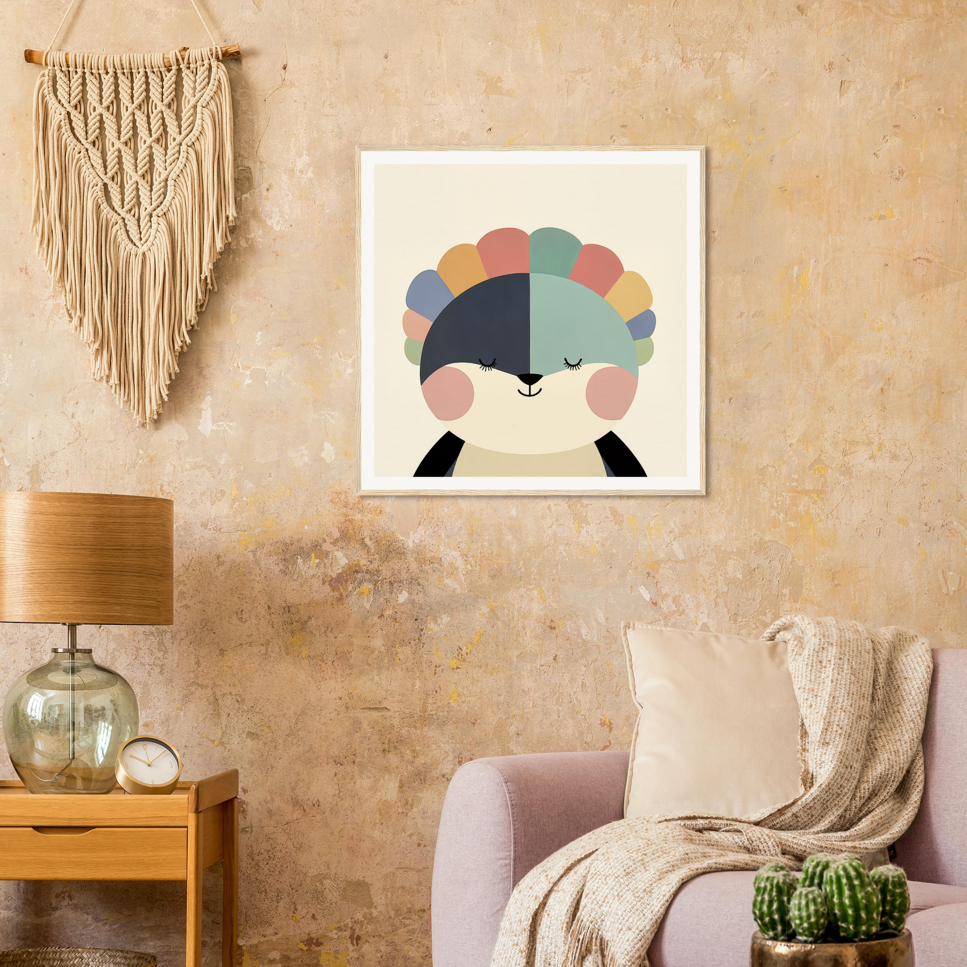 Colorful geometric penguin art print with rainbow semicircles above its head in Pastel Panda Dreams