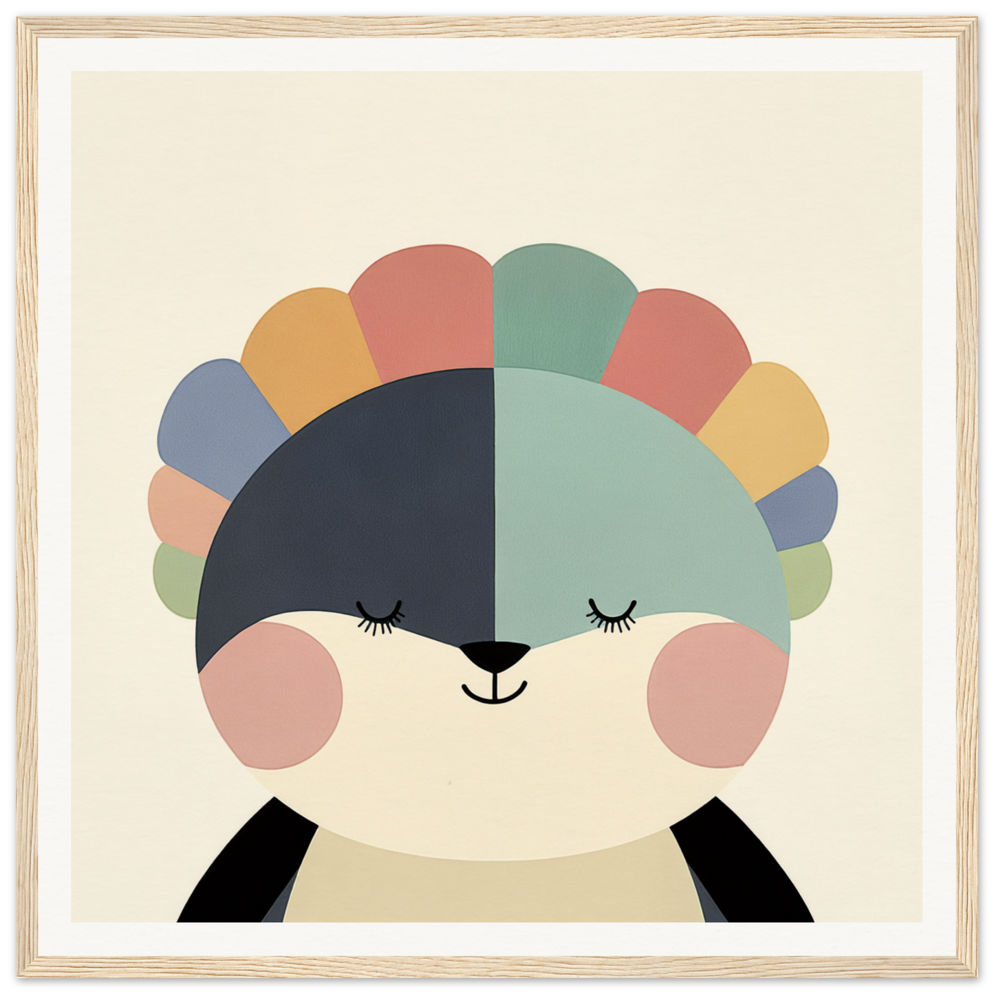 Cute cartoon panda with rainbow pattern on head and closed eyes for Pastel Panda Dreams