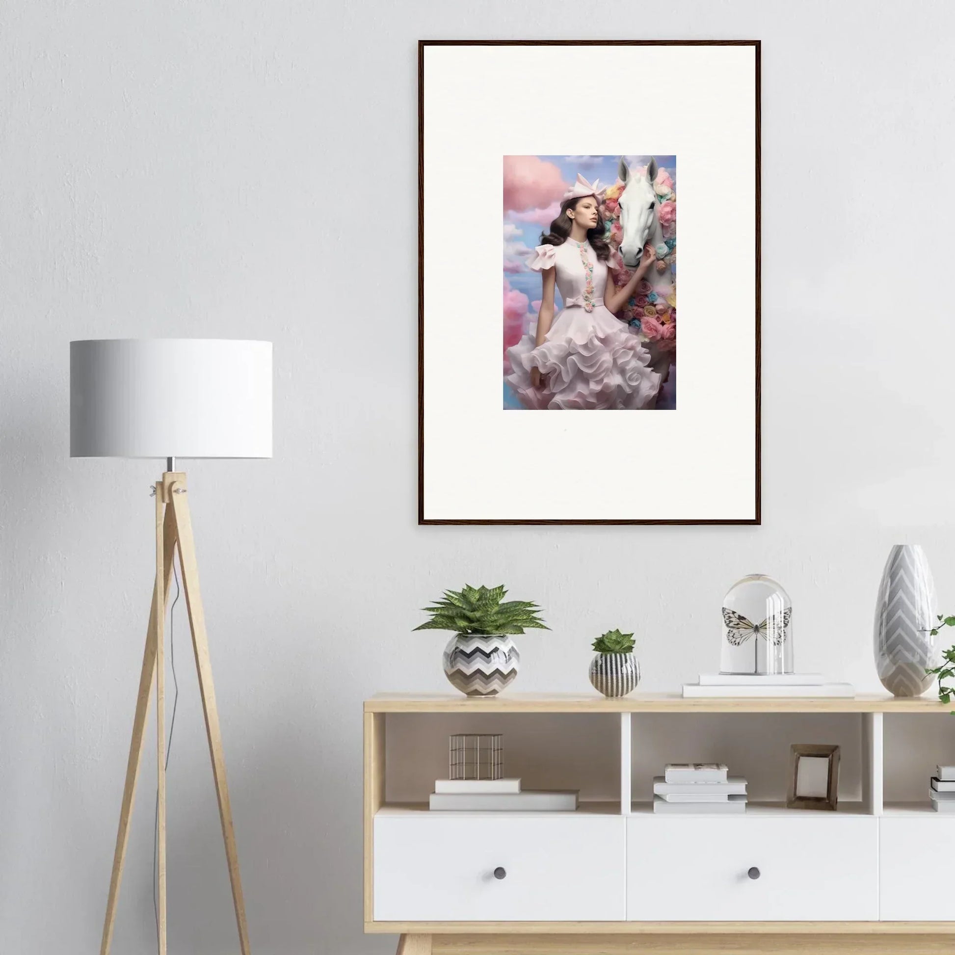 Framed artwork depicting a romantic couple in a dreamy, pastel-colored setting.