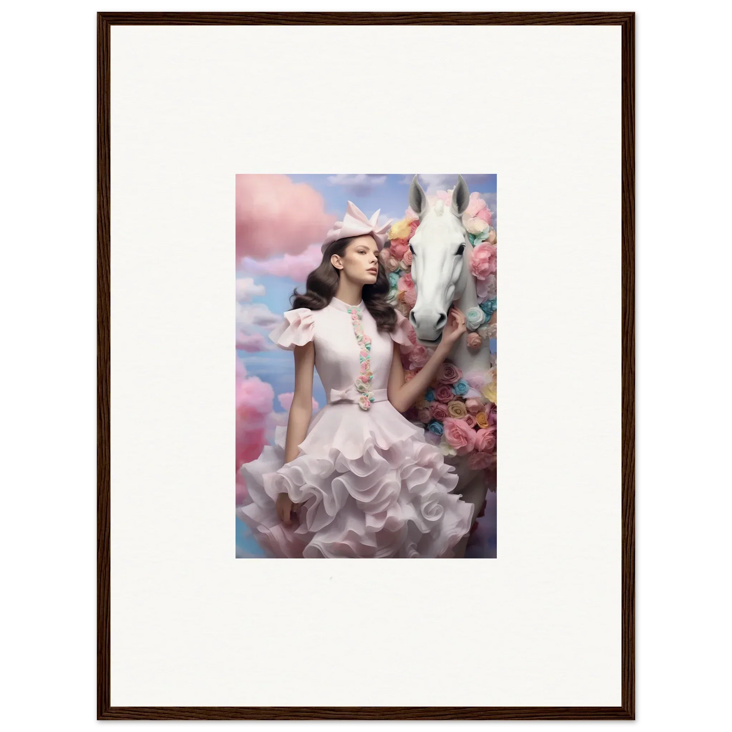 Framed photograph of a woman in an elaborate white dress posing with a white horse amid flowers and clouds.