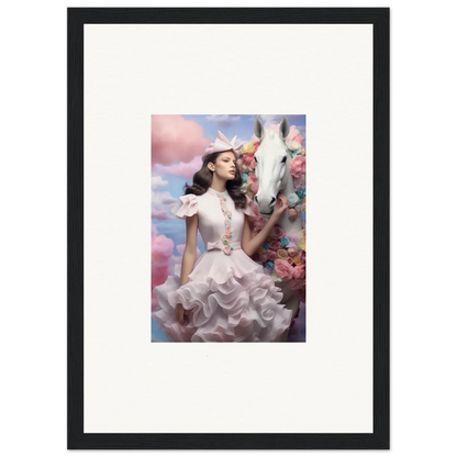 Framed artwork depicting a woman in an elaborate white dress surrounded by pastel-colored flowers and clouds.