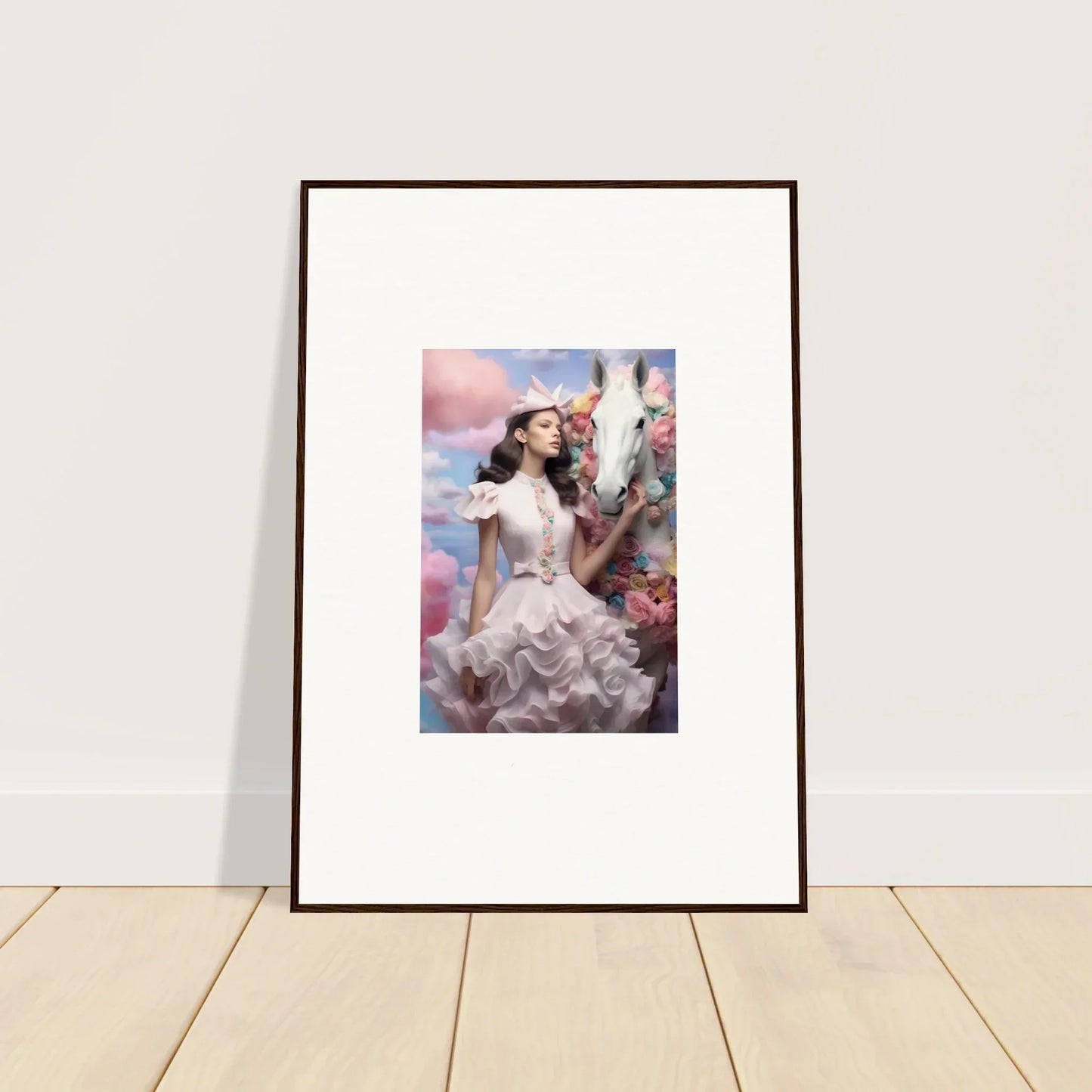 Framed artwork depicting a woman in an elaborate white dress against a pastel background.