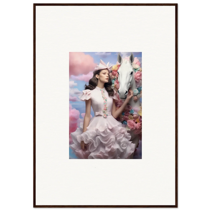 Framed artwork depicting a woman in a white ruffled dress surrounded by flowers and clouds.