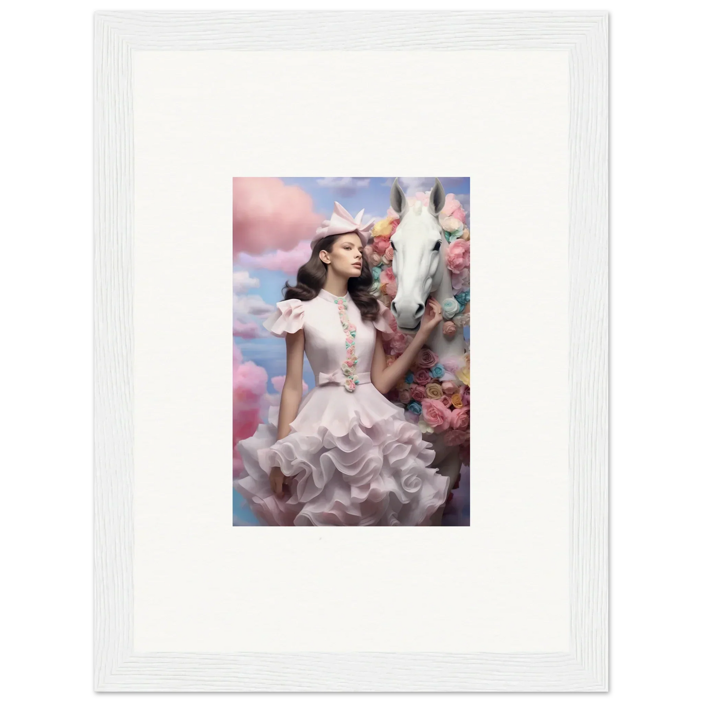 Framed photograph of a woman in an elaborate white dress surrounded by flowers and clouds.