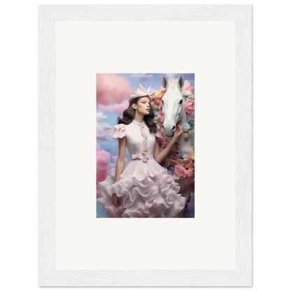 Framed photograph of a woman in an elaborate white dress surrounded by flowers and clouds.