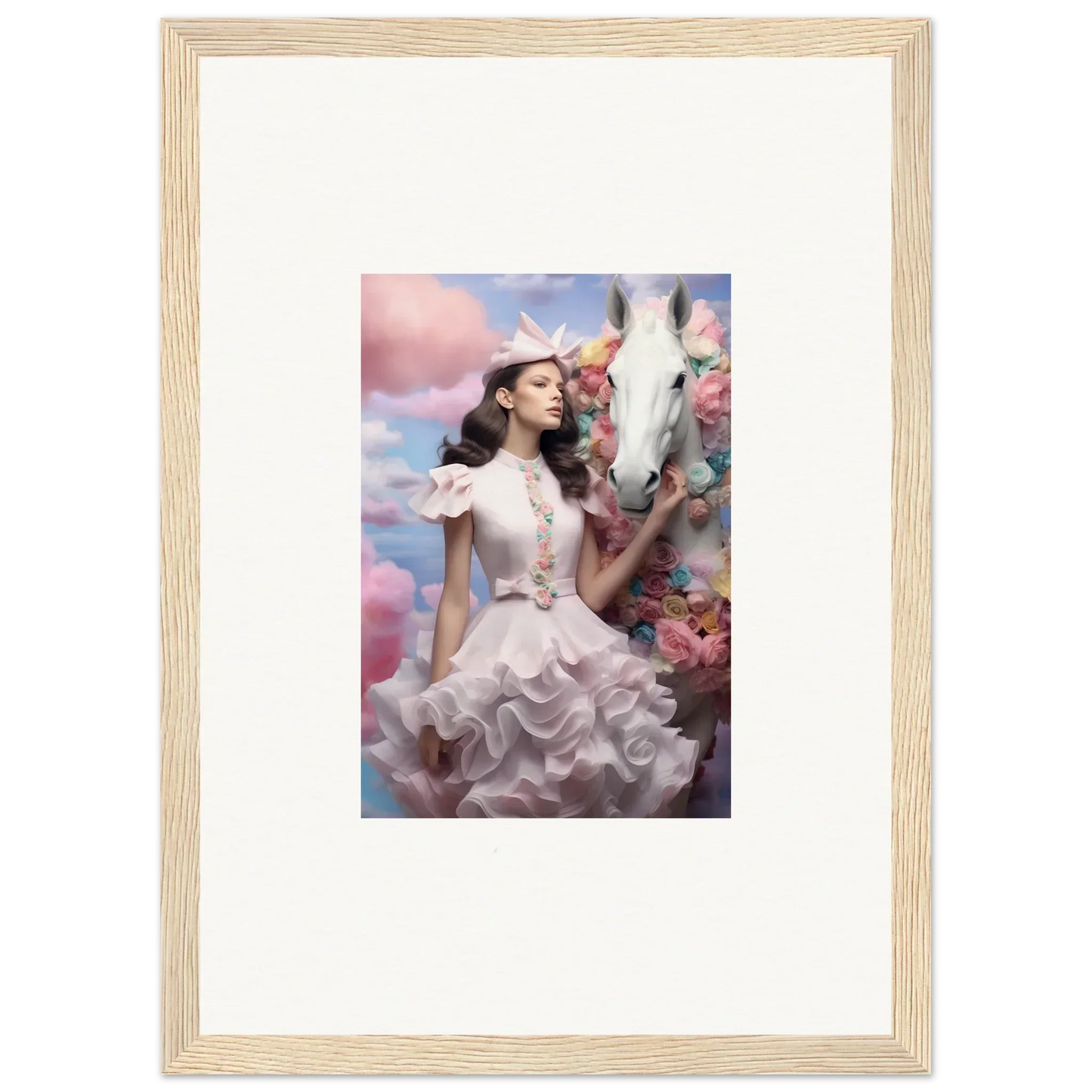 Framed photograph of a woman in a white ruffled dress surrounded by flowers.