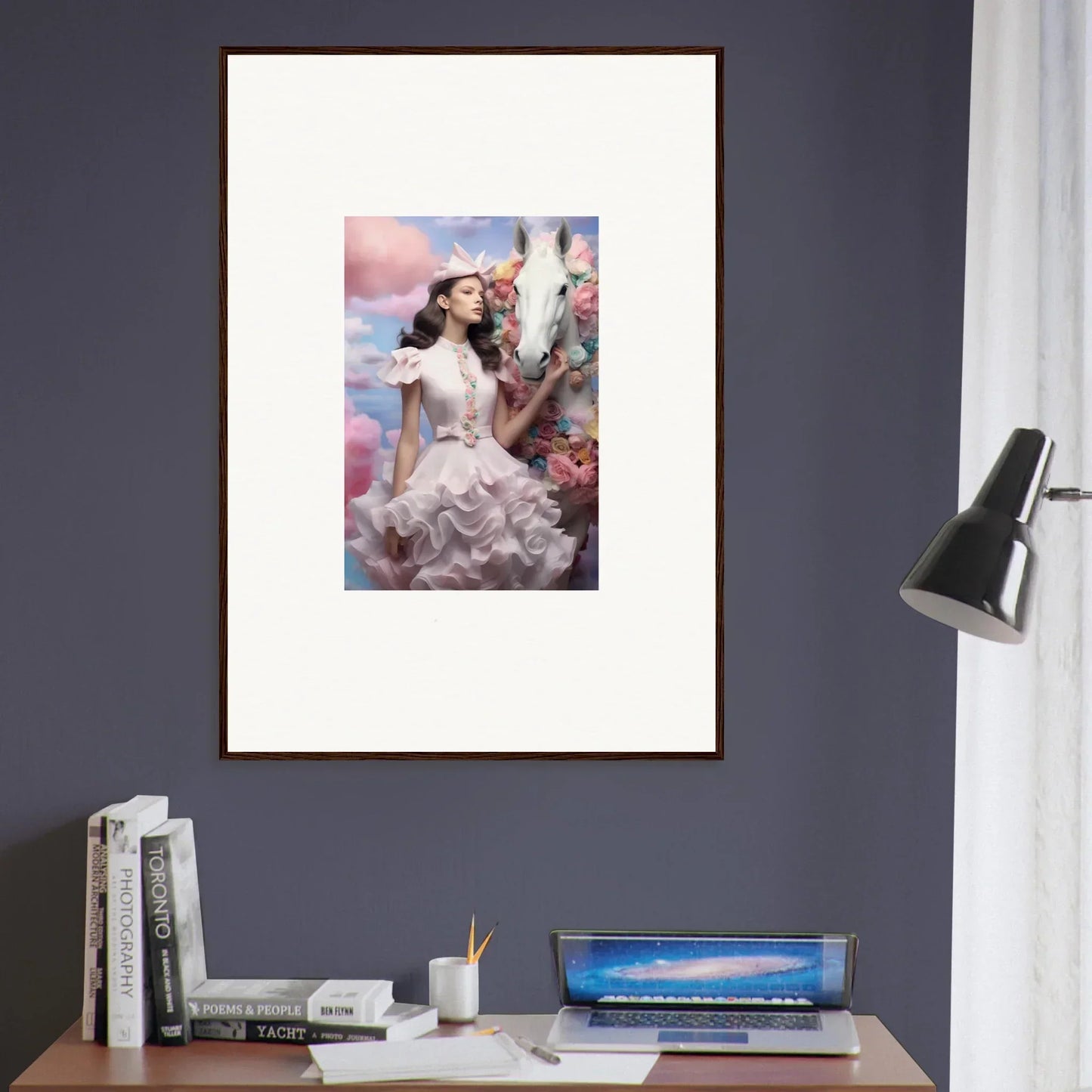 Framed artwork depicting a woman in an elaborate ruffled dress surrounded by flowers.