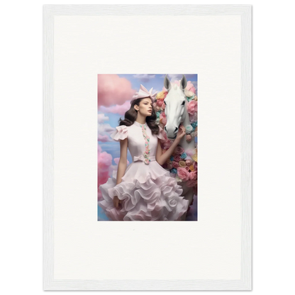 Framed photograph of a woman in a white ruffled dress surrounded by flowers.