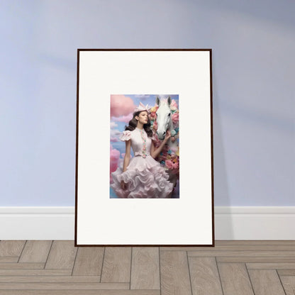 Framed artwork depicting a woman in a white dress with a horse.