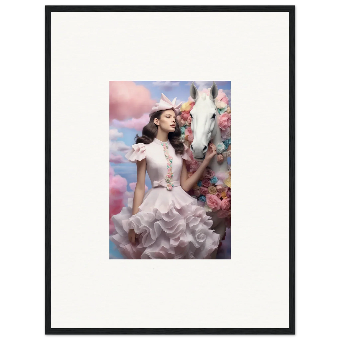 Framed artwork depicting a woman in an elaborate white dress standing next to a white horse amid flowers and clouds.