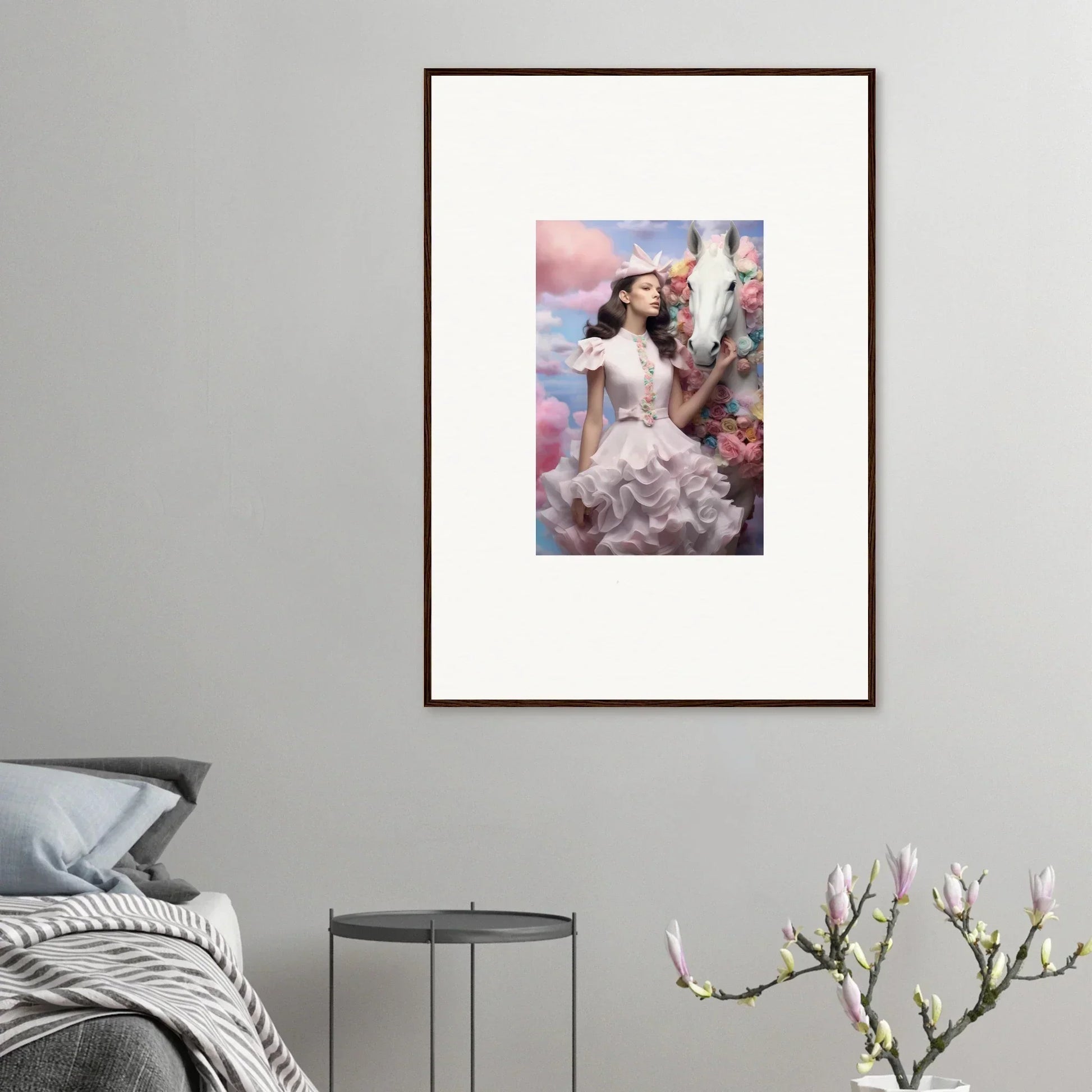 Framed artwork depicting a woman in an elegant white dress against a dreamy, colorful background.