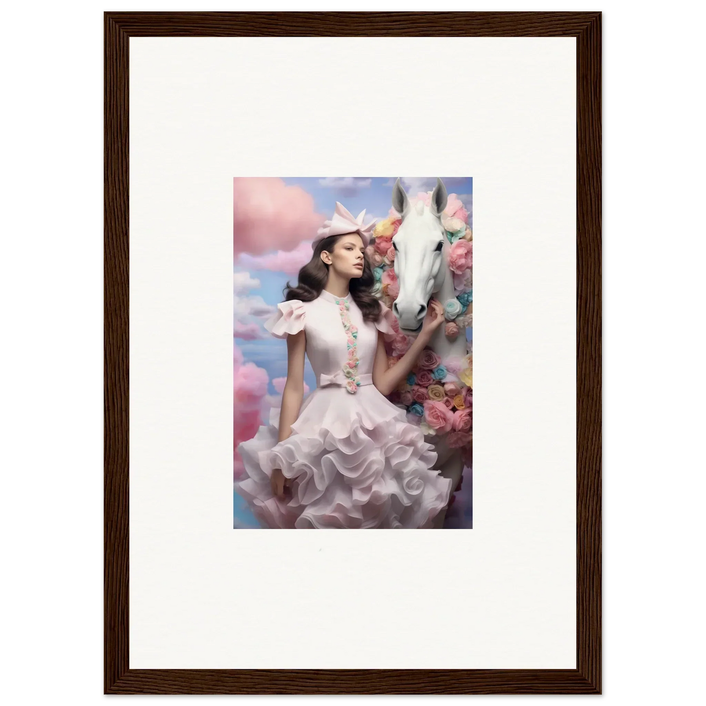 Framed photograph of a woman in a white ruffled dress standing among pastel-colored flowers and clouds.