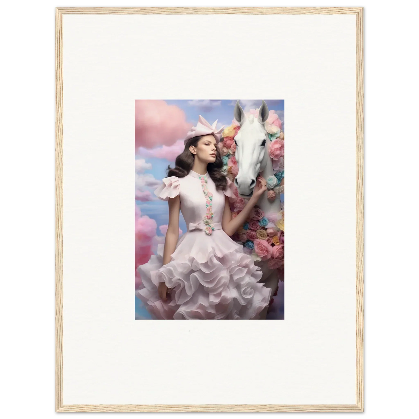 Framed artwork depicting a woman in an elaborate white dress standing next to a white horse amid flowers and clouds.