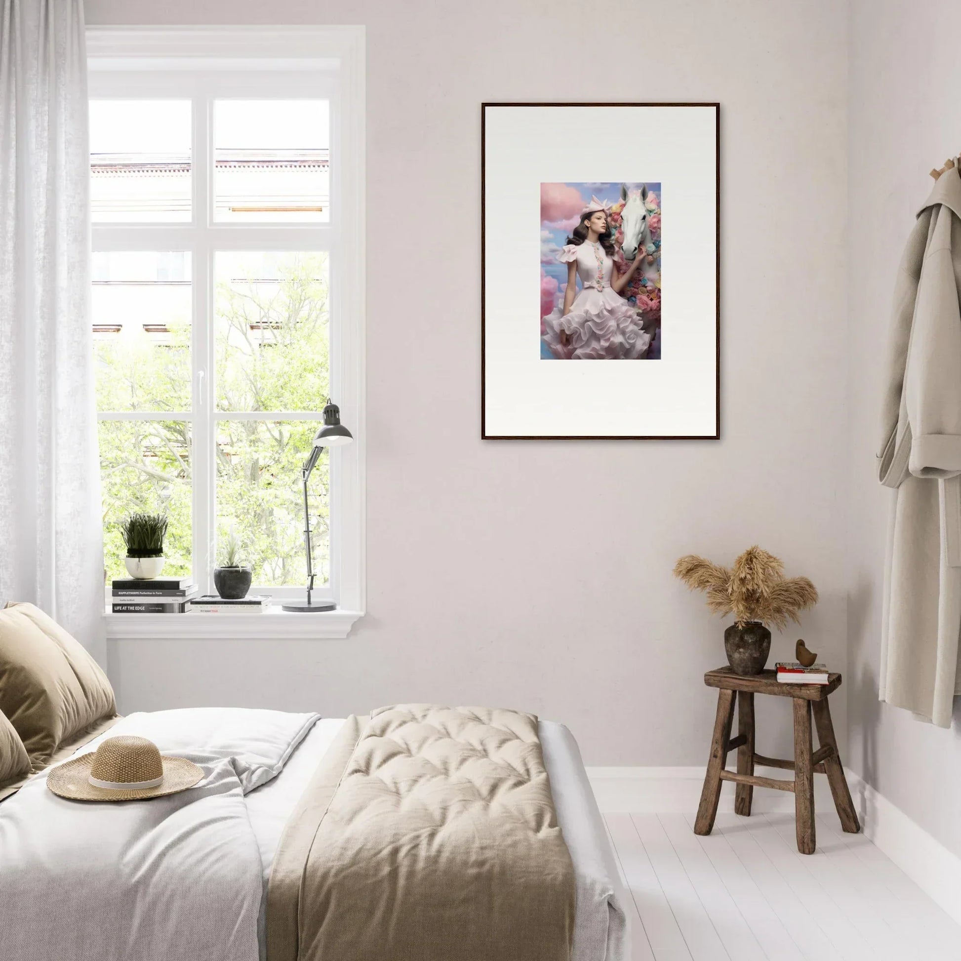 Cozy bedroom with light-colored decor and a framed artwork on the wall.