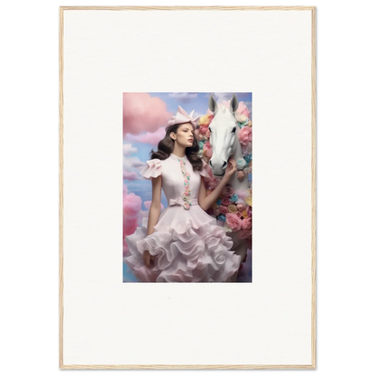 Framed portrait of a woman in a white ruffled dress surrounded by flowers.