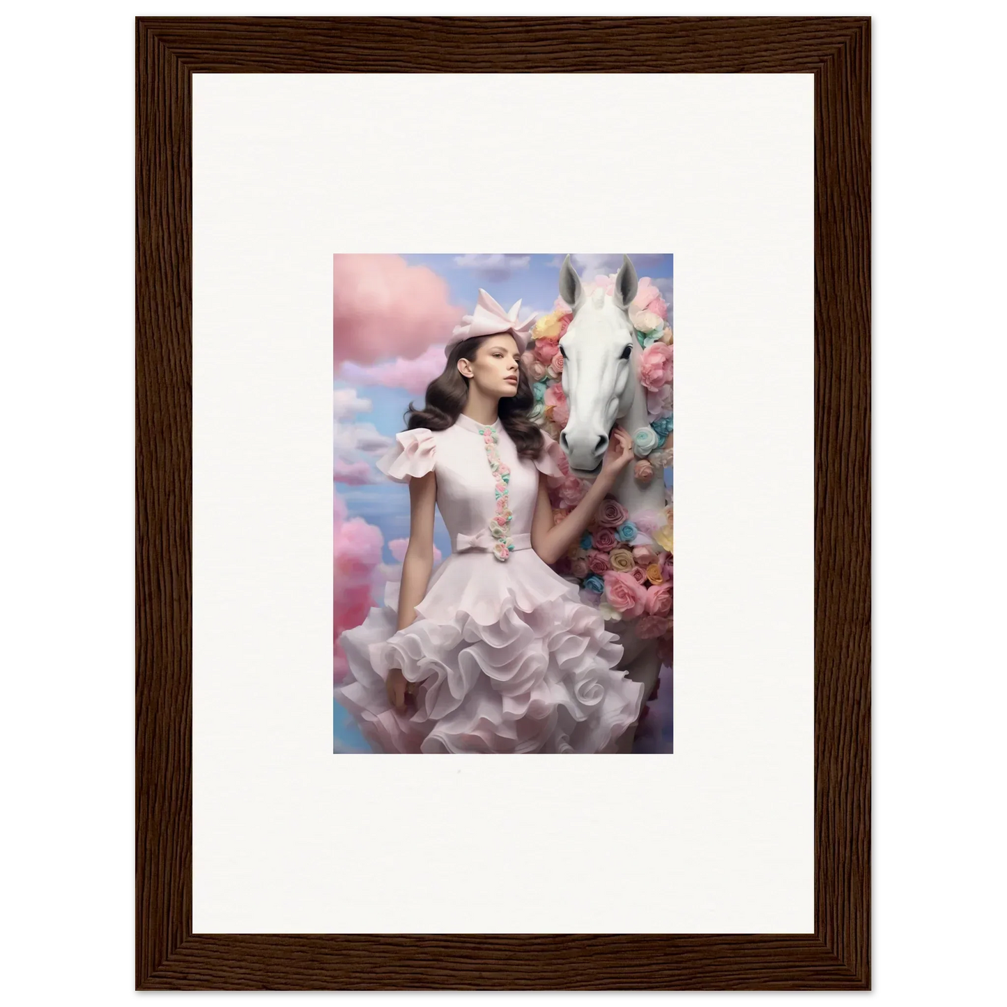 Framed photograph of a woman in an elaborate white dress surrounded by flowers and clouds.